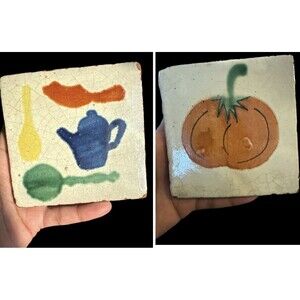 2 antique tile handpainted tiles Pumpkin Pitcher Kitchen Decor 4”x4”